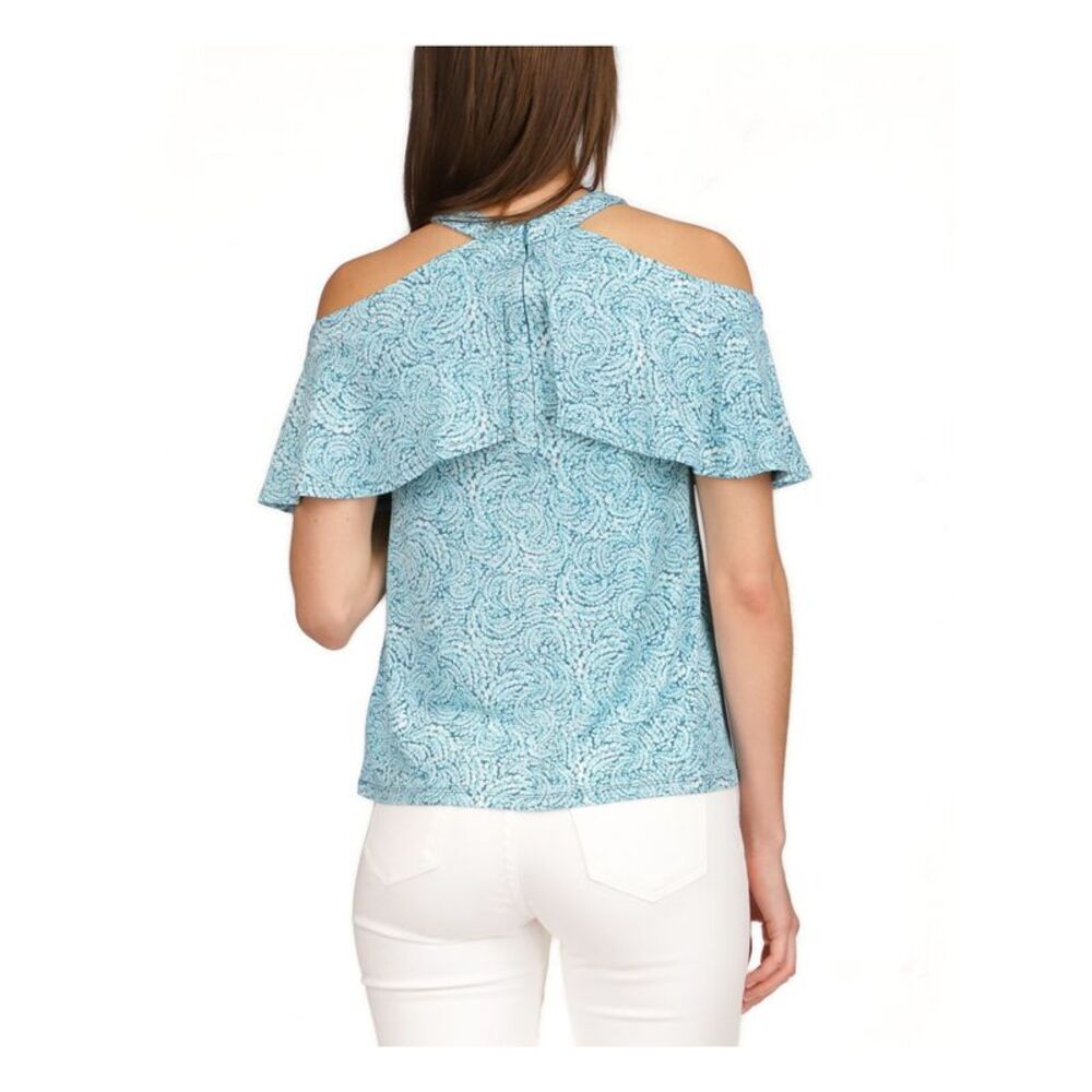 MICHAEL MICHAEL KORS Womens Aqua Zippered Unlined Short Sleeve Halter Top XL - Picture 2 of 4